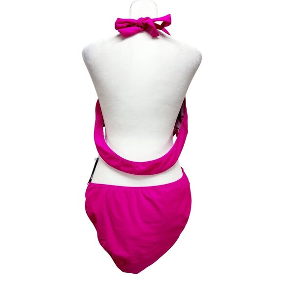 Hot Pink Cutout One-Piece Swimsuit Gold Ring Halter Neck Tie Size XXL New - Picture 5 of 13